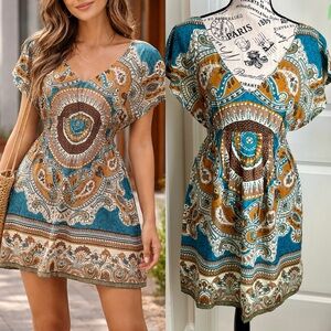 Mandee Boho Paisley Empire Waist Bat Sleeve Mini Dress Teal Tan Sz S